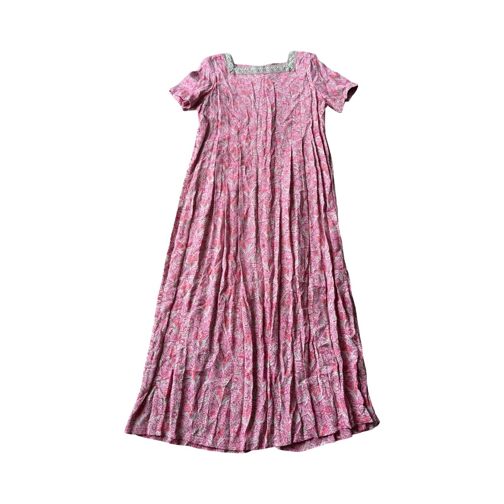 Sarah Elizabeth Vintage Pink Floral Rayon Maxi Dress Gold Beaded Trim Size 12‎